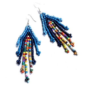 Blue & Multi Color Beaded 9 Fringe Earrings