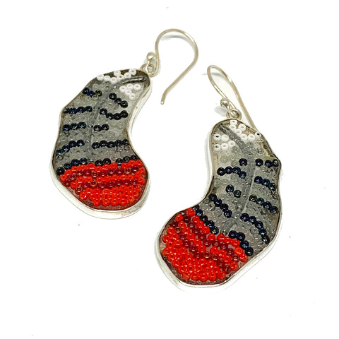 Red & Grey Woodpecker Feather Fused Glass Beaded Earrings