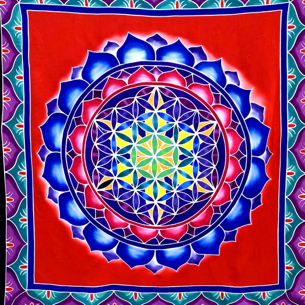 Flower of Life Batik Tapestry with Red Background - 3 feet