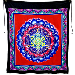 Flower of Life Batik Tapestry with Red Background - 3 feet
