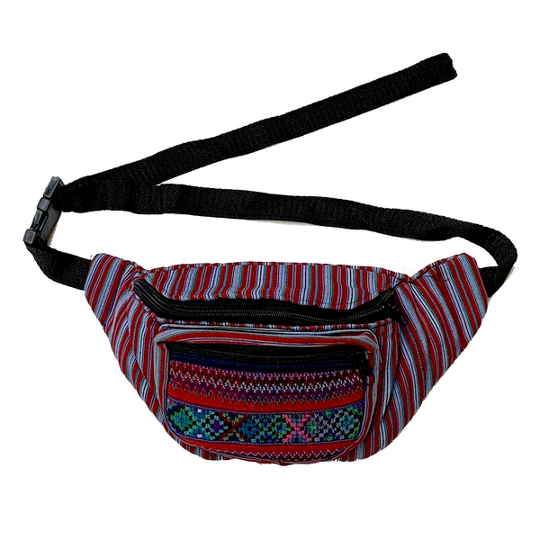 Red & Grey Striped with Embroidered Pocket Fanny Pack from Guatemala
