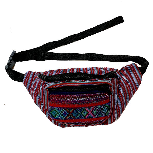 Red & Grey Striped with Embroidered Pocket Fanny Pack from Guatemala