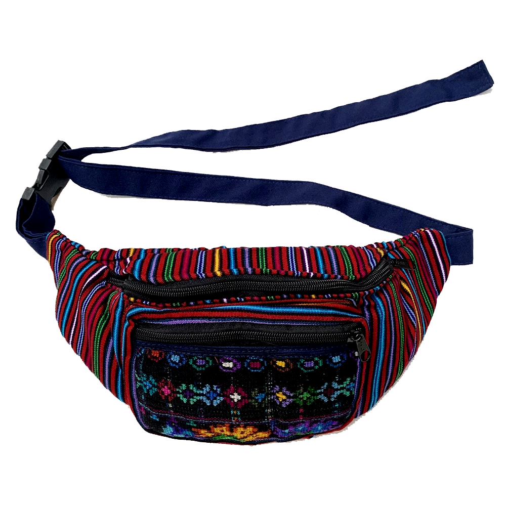 Dark Red Striped with Colorful Embroidered Pocket Fanny Pack from Guatemala