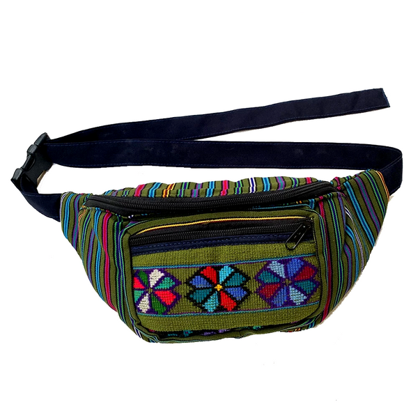 Olive Green with Embroidered Flowers Fanny Pack from Guatemala