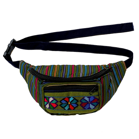 Olive Green with Embroidered Flowers Fanny Pack from Guatemala
