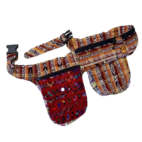 Double Pocket Fanny Pack with Dark Red Vintage Huipil & Brown Metallic Corte Fabric