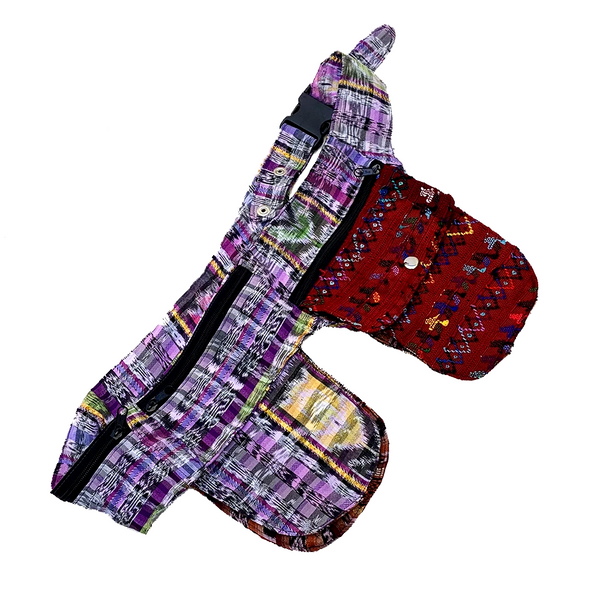 Double Pocket Fanny Pack with Dark Red Vintage Huipil & Purple Corte Fabric