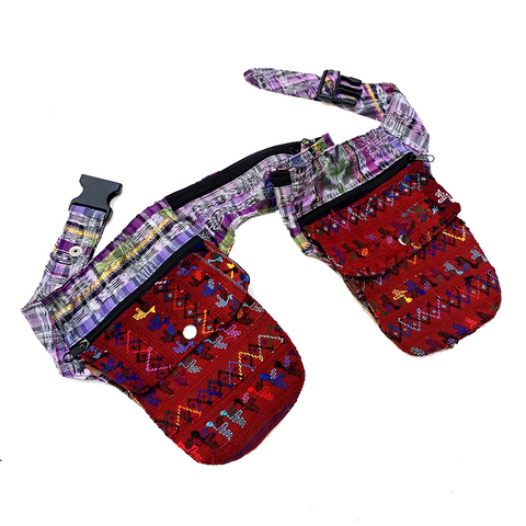 Double Pocket Fanny Pack with Dark Red Vintage Huipil & Purple Corte Fabric