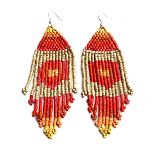 Red, Orange, Yellow & Gold Beaded 13 Fringe Earrings - 5 1/2"