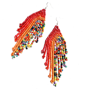 Red & Orange Rainbow Multi Color Beaded Fringe Earrings - 5 1/2"