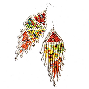 White Rainbow Pattern Beaded 13 Fringe Earrings - 5 "