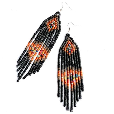 Black, Rust & Multi Color Beaded Fringe Earrings - 5"