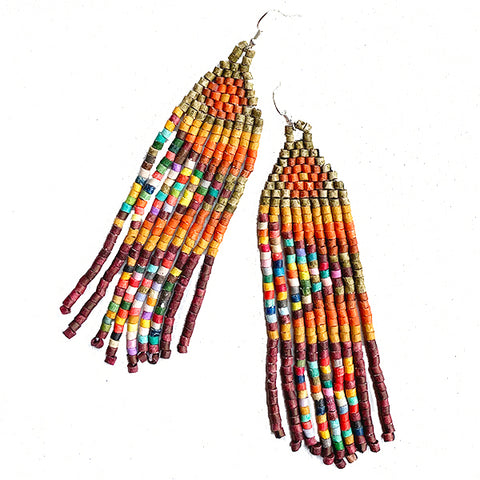 Tan, Burnt Orange & Burgundy Rainbow Beaded Fringe Earrings