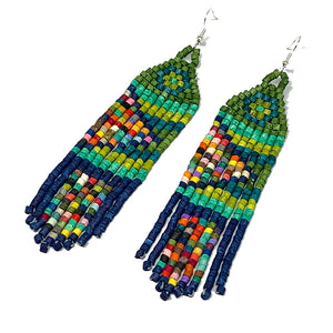 Green, Turquoise & Blue Rainbow Beaded Fringe Earrings