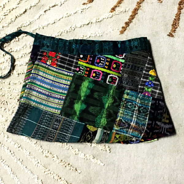 Green Tone Vintage Huipil and Corte Fabric Patchwork Wrap Mini Skirt