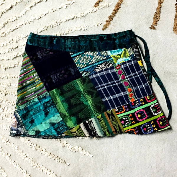 Green Tone Vintage Huipil and Corte Fabric Patchwork Wrap Mini Skirt