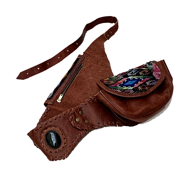 Mahogany Brown Leather Double Hip Pouch with Vintage Colorful Huipil Textile & Jade Stone