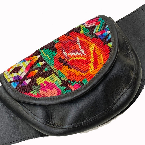 Black Leather Double Hip Pouch with Vintage Floral Huipil Textile & Jade Stone