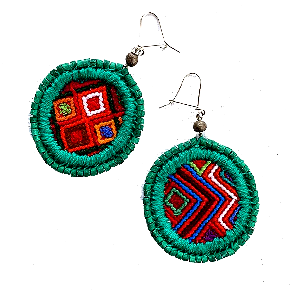 Red Patterned Vintage Huipil &  Green Ceramic Bead Earrings