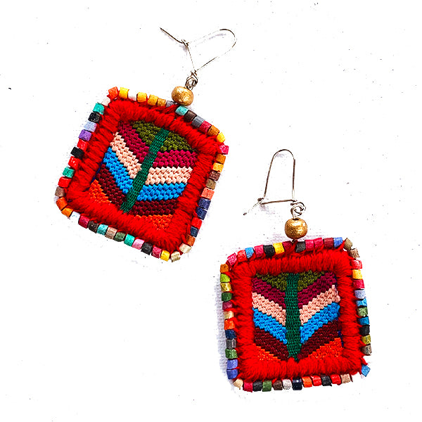 Colorful Vintage Huipil & Multi Color Ceramic Bead Earrings