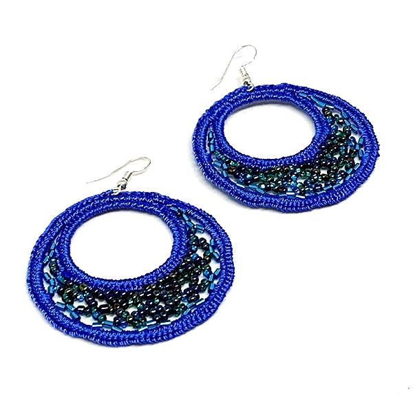 Blue Beaded Macrame Hoop Earrings