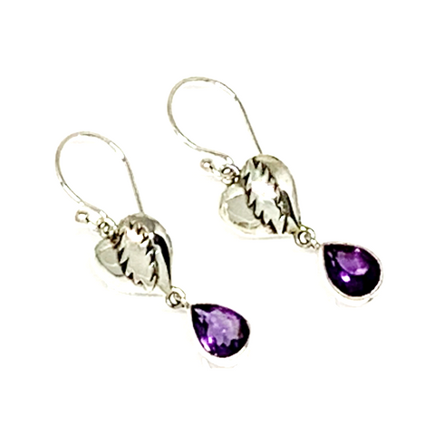 NFA Heart & Bolt Earrings Cast In Sterling Silver with Faceted Amethyst Stone Drops