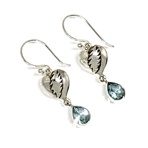 NFA Heart & Bolt Earrings Cast In Sterling Silver with Faceted Blue Topaz Stone Drops