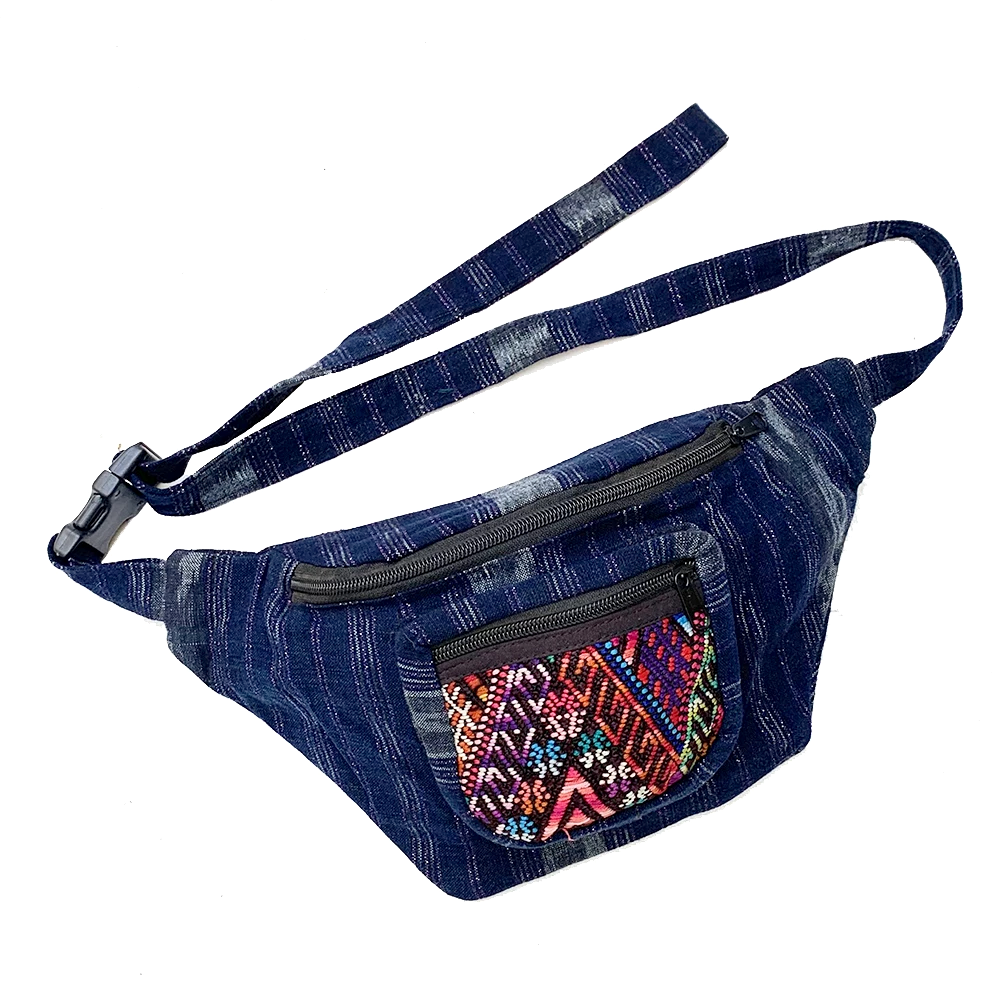 Indigo Fabric with Sparkly Thread & Vintage Patterned Huipil Fabric Fanny Pack #1