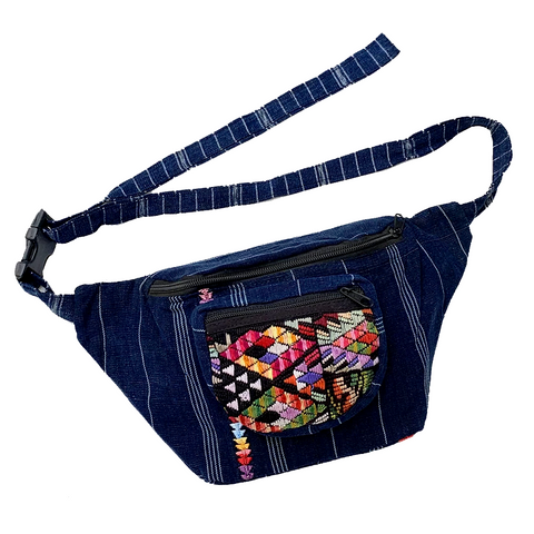 Indigo Fabric with Embroidery & Vintage Patterned Huipil Fabric Fanny Pack #2