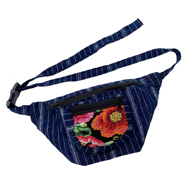 Indigo Fabric with Vintage Flower Patterned Huipil Fabric Fanny Pack #7