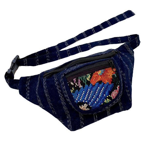 Indigo Fabric with Vintage Flower Patterned Huipil Fabric Fanny Pack #9