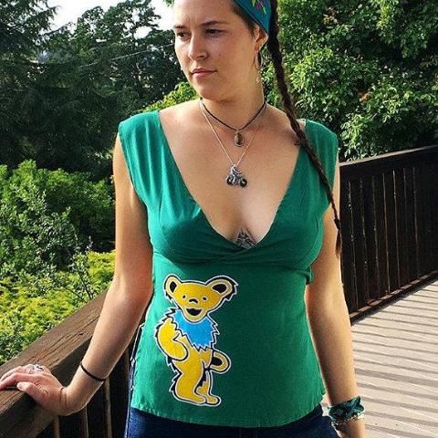 GD Inspired Batik Yellow & Blue Bear on Green Woman's Flap Top
