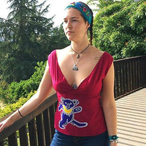 GD Inspired Batik Blue Bear on Magenta Woman's Flap Top