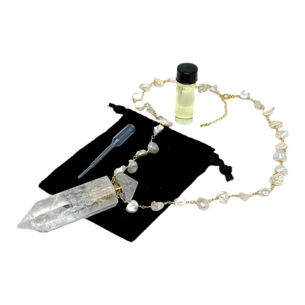 Large Quartz Crystal and Pearl Essential Oil Bottle Necklace