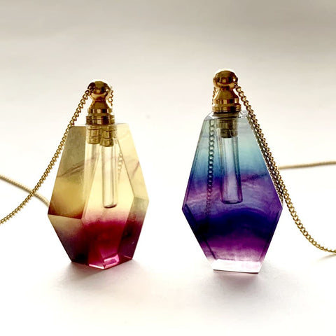 Tear Drop Yellow & Purple Fluorite Crystal Essential Oil Bottle Necklace