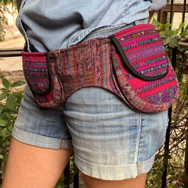 Handmade Triple Pocket Fanny Pack with Vintage Embroidered Flower Hupil Fabric