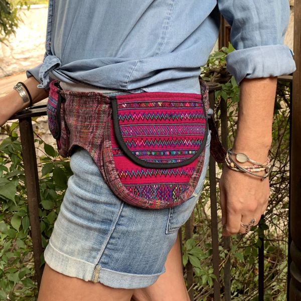 Handmade Triple Pocket Fanny Pack with Vintage Green Hupil Fabric