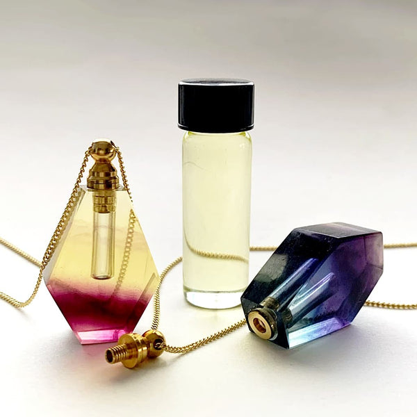 Tear Drop Yellow & Purple Fluorite Crystal Essential Oil Bottle Necklace