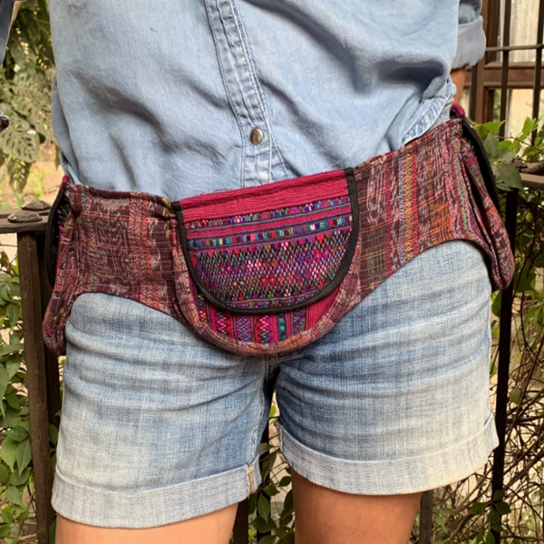 Handmade Triple Pocket Fanny Pack with Vintage Green Hupil Fabric