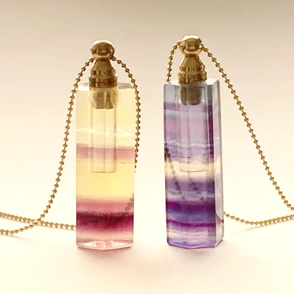 Hexagon Shape Yellow & Purple Fluorite Crystal Essential Oil Bottle Necklace