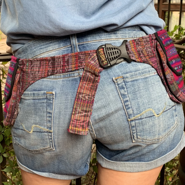 Handmade Triple Pocket Fanny Pack with Vintage Embroidered Flower Hupil Fabric