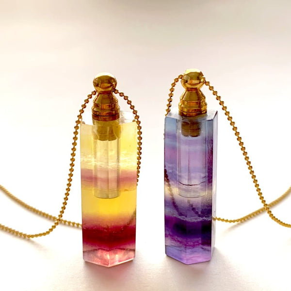Hexagon Shape Yellow & Purple Fluorite Crystal Essential Oil Bottle Necklace