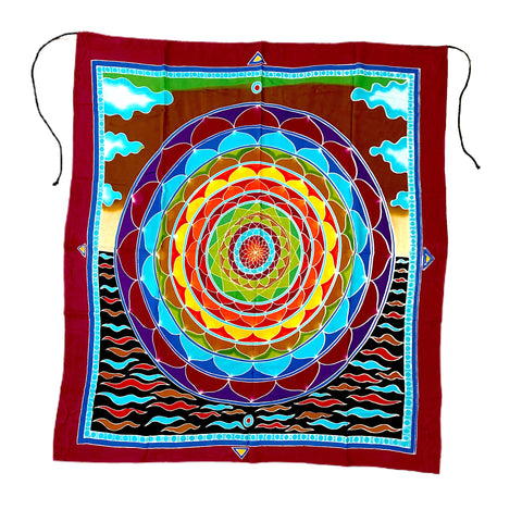 Burgundy And Rust Flower of Life Batik Tapestry With Waves and Sky Background - 3 feet