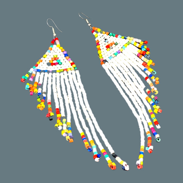 White Rainbow Wing Beaded 13 Fringe Earrings - 5 "