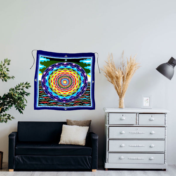 Blue & Green Flower of Life Batik Tapestry With Waves and Sky Background - 3 feet
