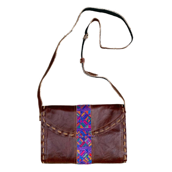 Colorful Purple Vintage Huipil & Dark Brown Leather Shoulder Bag