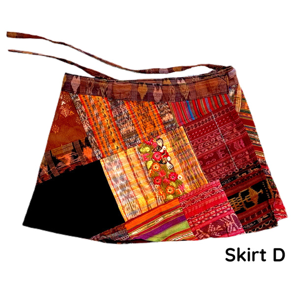Brown Vintage Huipil and Corte Fabric Patchwork Wrap Mini Skirt