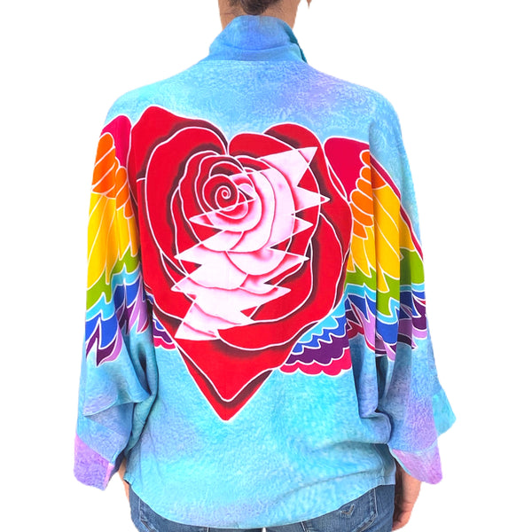 Kimono Jacket with Batik Winged Heart & Bolt in Sky Blue