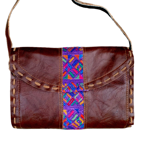 Colorful Purple Vintage Huipil & Dark Brown Leather Shoulder Bag