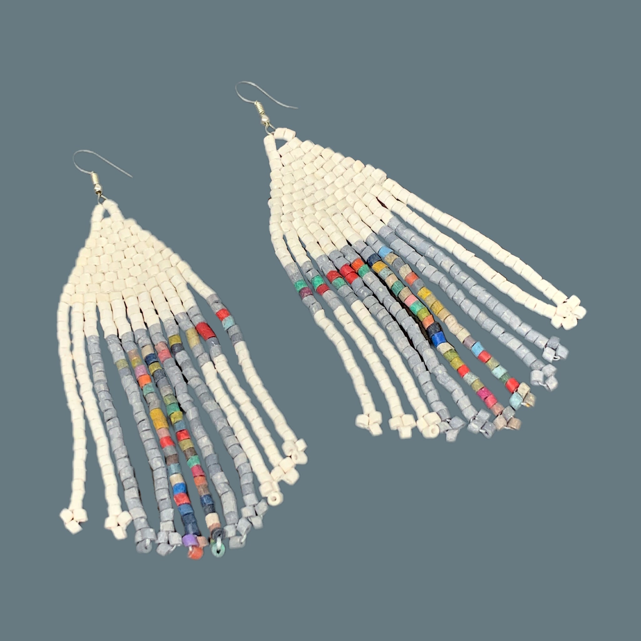 White with Grey & Multi-color Beaded 11 Fringe Earrings - 4 1/2 "